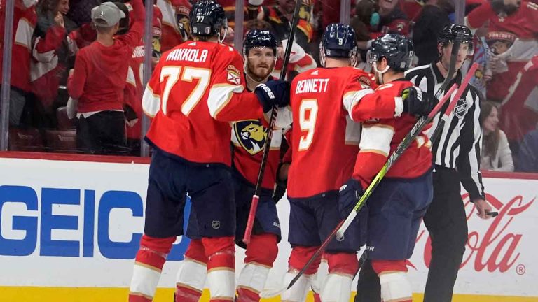 Florida Panthers center Sam Bennett (9) is congratulated after scoring during the first period of Game 6 against the New York Rangers in the Eastern Conference finals of the NHL hockey Stanley Cup playoffs. (Lynne Sladky/AP)
