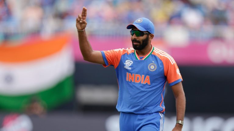 India's Jasprit Bumrah interacts with the crowd during an ICC Men's T20 World Cup cricket match against Ireland at the Nassau County International Cricket Stadium in Westbury, New York, Wednesday, June 5, 2024. (Adam Hunger/AP Photo)