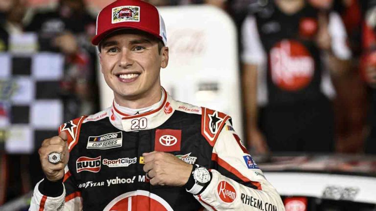 Driver Christopher Bell celebrates in Victory Lane after winning a NASCAR Cup Series auto race at Charlotte Motor Speedway, Sunday, May 26, 2024, in Concord, N.C. (Matt Kelley/AP)