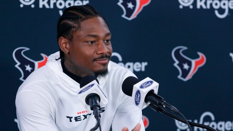 Houston Texans wide receiver Stefon Diggs answers questions during a press conference following practice at the NFL football team's minicamp, Tuesday, June 4, 2024, in Houston. (Michael Wyke/AP)