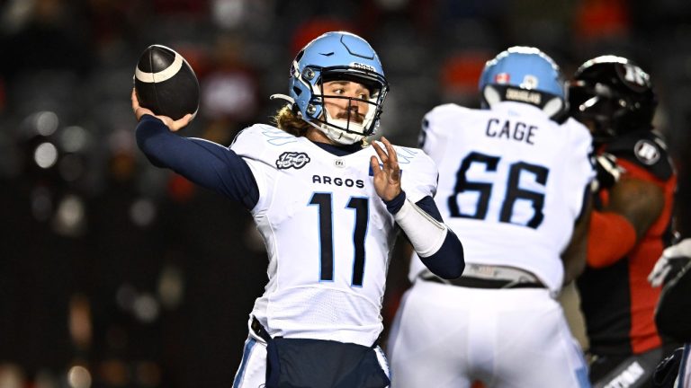 Toronto Argonauts quarterback Cameron Dukes (11) throws the ball during first half CFL football action against the Ottawa Redblacks in Ottawa on Saturday, Oct. 28, 2023. (Justin Tang/THE CANADIAN PRESS)