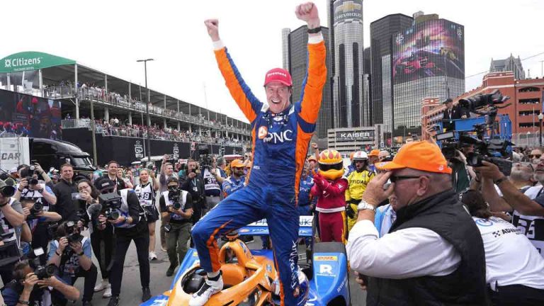 Scott Dixon celebrates winning the IndyCar Detroit Grand Prix auto race in Detroit, Sunday, June 2, 2024. (Paul Sancya/AP)