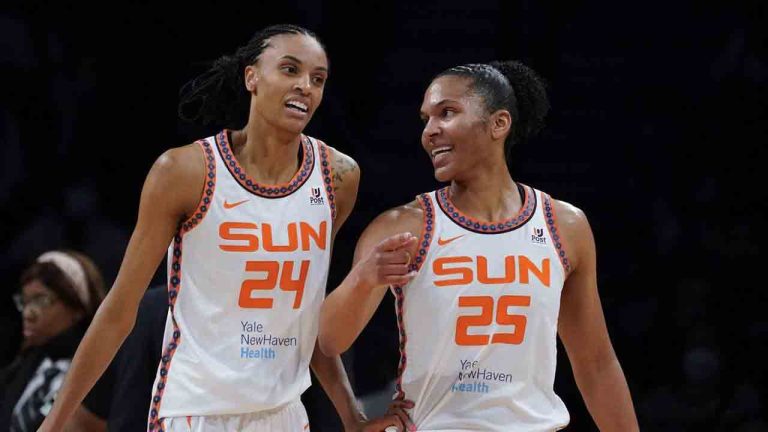 Connecticut Sun forward DeWanna Bonner (24) and forward Alyssa Thomas (25) speak during a time out in the first half during a WNBA basketball game against the New York Liberty, Tuesday, May 17, 2022, in New York (John Minchillo/AP)