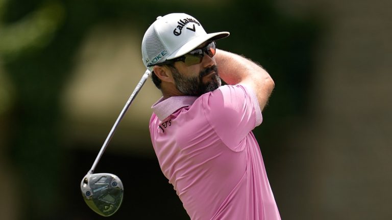 Adam Hadwin hits from the 10th tee during the first round of the Memorial golf tournament, Thursday, June 6, 2024, in Dublin, Ohio. (Sue Ogrocki/AP Photo)