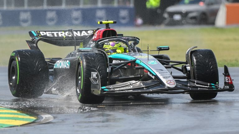 Mercedes driver Lewis Hamilton of Great Britain takes a turn at the Senna corner during the first practice session at the Formula One Canadian Grand Prix in Montreal, Friday, June 7, 2024. (Graham Hughes/CP)