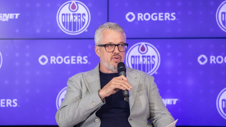 CEO of Hockey Operations for the Edmonton Oilers, Jeff Jackson speaks during a press conference in Edmonton on Thursday August 3, 2023. (Jason Franson/THE CANADIAN PRESS)
