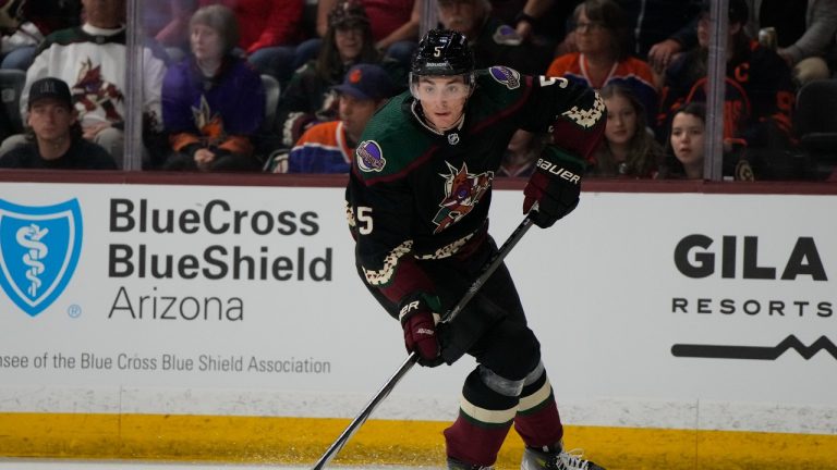 Arizona Coyotes defenseman Michael Kesselring (5) in the third period during an NHL hockey game against the Edmonton Oilers, Monday, Feb. 19, 2024, in Tempe, Ariz. Edmonton won 6-3. (Rick Scuteri/AP Photo)