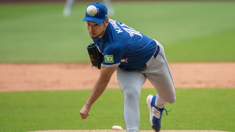Toronto Blue Jays starting pitcher Yusei Kikuchi delivers against the Cleveland Guardians during the first inning of a baseball game in Cleveland, Sunday, June 23, 2024. (Phil Long/AP)