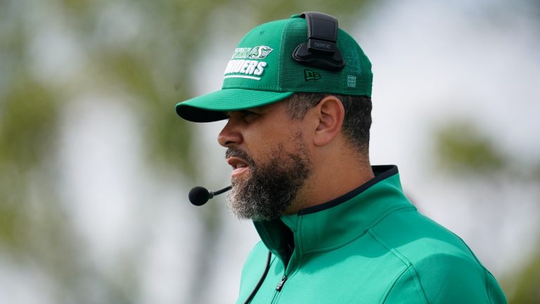 Saskatchewan Roughriders head coach Corey Mace looks on during a spring training scrimmage in Saskatoon, Sask., on Saturday, May 18, 2024. (Heywood Yu/THE CANADIAN PRESS)