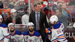 Edmonton Oilers head coach Kris Knoblauch, center, reacts during the first period of Game 7 of the NHL hockey Stanley Cup Final against the Florida Panthers, Monday, June 24, 2024, in Sunrise, Fla. (Rebecca Blackwell/AP Photo)