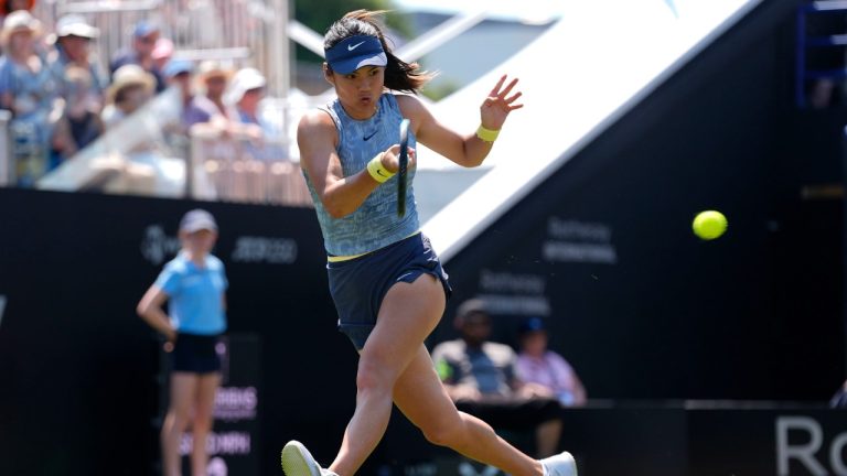 Great Britain's Emma Raducanu in action against USA's Sloane Stephens on day four of the Rothesay International at Devonshire Park, Eastbourne, England, Tuesday, June 25, 2024. (Andrew Matthews/PA via AP)