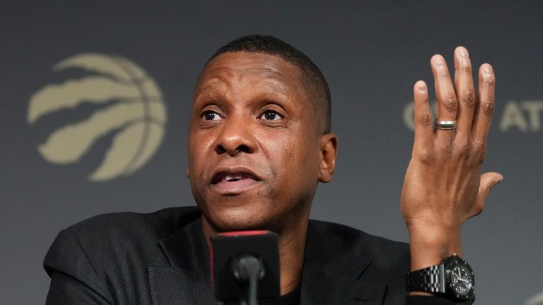 Toronto Raptors vice-chairman and president Masai Ujiri speaks to the media in Toronto. (Nathan Denette/CP Photo)