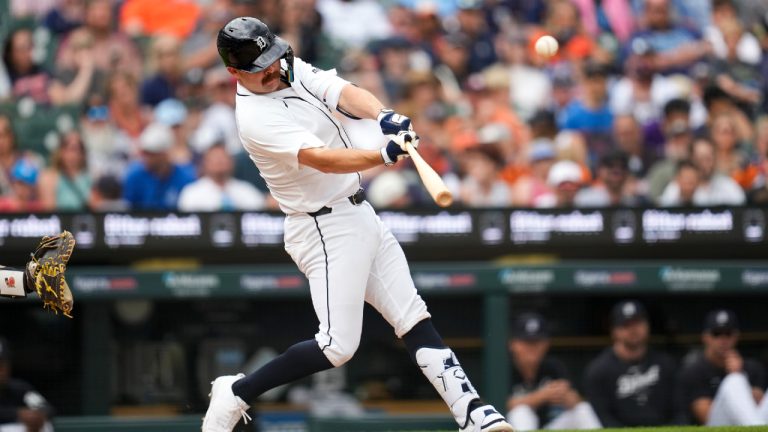 Detroit Tigers' Jake Rogers hits a three-run home run against the Milwaukee Brewers in the fifth inning of a baseball game, Sunday, June 9, 2024, in Detroit. (Paul Sancya/AP)