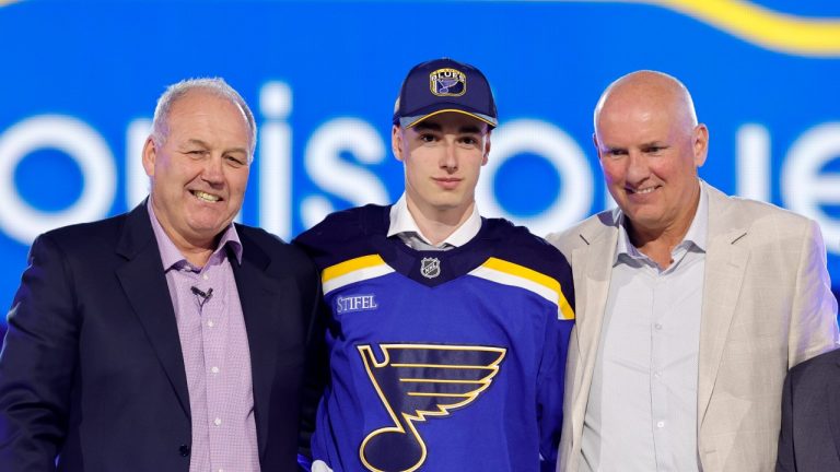 Adam Jiricek poses after being selected by the St. Louis Blues during the first round of the NHL draft, June 28, 2024. (AP Photo/Steve Marcus)