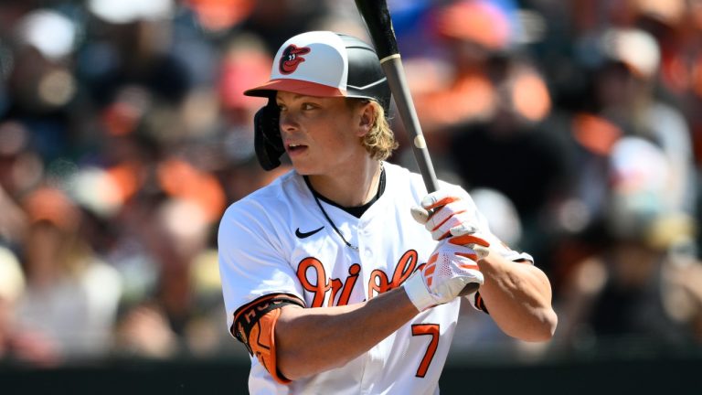 Baltimore Orioles' Jackson Holliday in action during a game against the Milwaukee Brewers, April 14, 2024, in Baltimore. (AP Photo/Nick Wass)