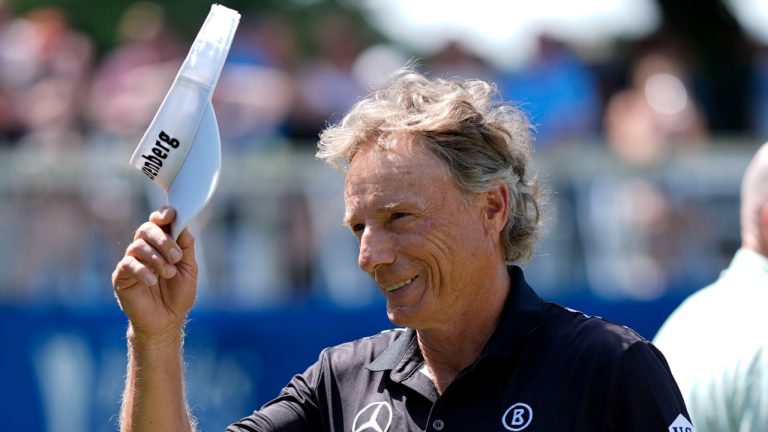 Bernhard Langer walks off the 18th green after his putt during the second round of the Champions Tour Principal Charity Classic, June 1, 2024. (AP Photo/Charlie Neibergall)