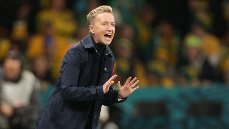 Canada's head coach Bev Priestman gestures during the Women's World Cup Group B soccer match between Australia and Canada in Melbourne, Australia, Monday, July 31, 2023. (Hamish Blair/AP)