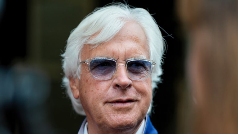 Trainer Bob Baffert speaks with reporters ahead of the 149th running of the Preakness Stakes horse race at Pimlico Race Course, Friday, May 17, 2024, in Baltimore. (Julia Nikhinson/AP)