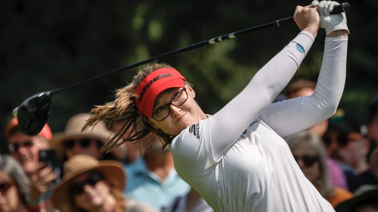Canada's Brooke Henderson hits a tee shot on the second hole during the final round at the LPGA Canadian Women's Open golf tournament in Calgary, Alta., Sunday, July 28, 2024. (Jeff McIntosh/CP)