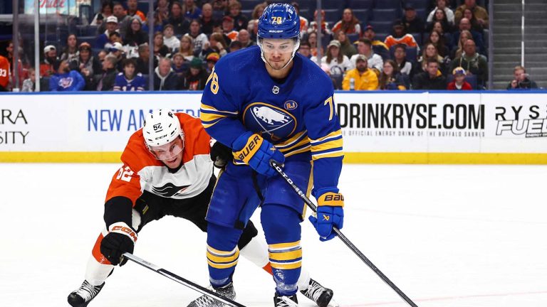 Buffalo Sabres defenseman Jacob Bryson (78) is pressured by Philadelphia Flyers right wing Olle Lycksell (62) during the second period of an NHL hockey game Friday, April 5, 2024, in Buffalo, N.Y. (Jeffrey T. Barnes/AP)