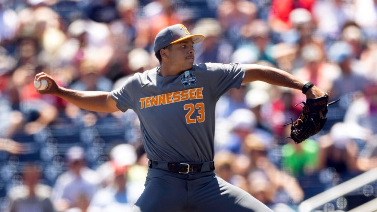 Tennessee's Chase Burns pitches plays against Stanford in the fourth inning of a baseball game at the NCAA College World Series. (Rebecca S. Gratz/AP)