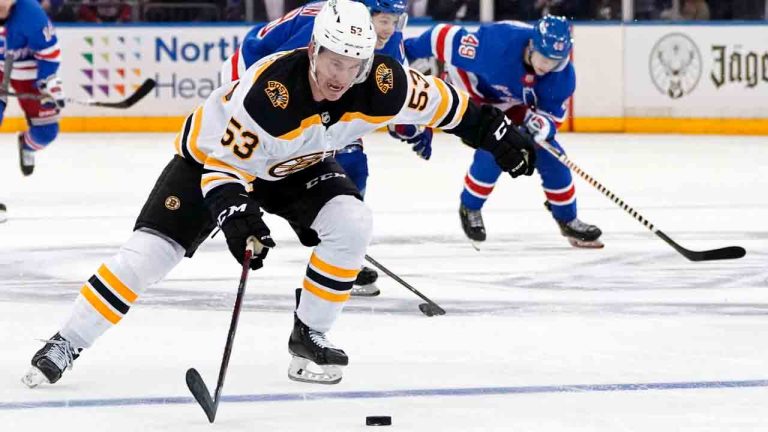 Boston Bruins center Cameron Hughes (53) skates up ice during the first period of a preseason NHL hockey game against the New York Rangers, Tuesday, Sept. 28, 2021, at Madison Square Garden in New York. (Corey Sipkin/AP)