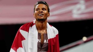 Andre De Grasse of Canada smiles after racing to a gold medal in the Men's 200m final during the Tokyo Olympics in Tokyo, Japan on Wednesday, August 4, 2021. Reaching peak health has been the theme of the off-season for superstar sprinter De Grasse. (Frank Gunn/CP)