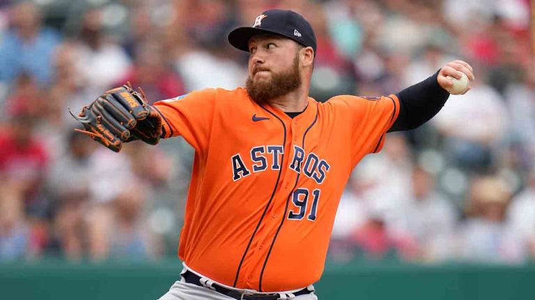 Houston Astros' Matt Gage pitches in the sixth inning of a baseball game against the Cleveland Guardians, Sunday, June 11, 2023, in Cleveland. (Sue Ogrocki/AP)