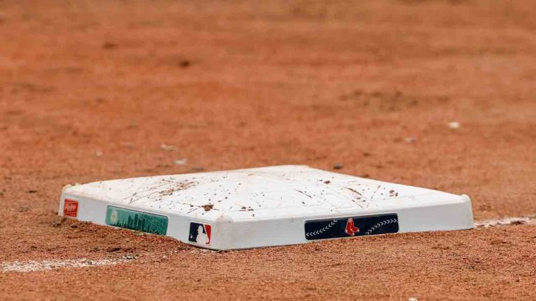 A Rawlings MLB base is seen with the Boston Red Sox logo before a baseball game between the Boston Red Sox and the New York Yankees Friday, June 16, 2023, at Fenway Park in Boston. (Winslow Townson/AP)