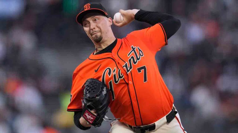 San Francisco Giants pitcher Blake Snell works against the Arizona Diamondbacks during the first inning of a baseball game in San Francisco, Friday, April 19, 2024. (Jeff Chiu/AP)