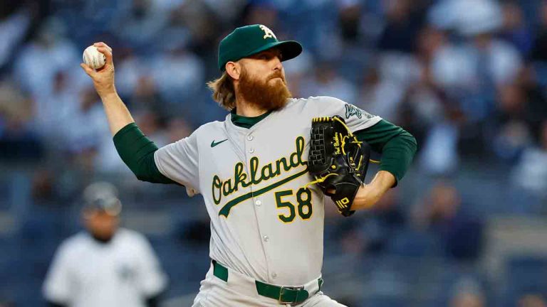 Oakland Athletics' Paul Blackburn delivers a pitch against the New York Yankees during the first inning of a baseball game, Tuesday, April 23, 2024 in New York. (Noah K. Murray/AP)