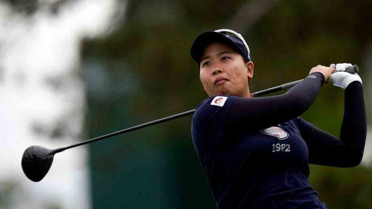 Chanettee Wannasaen hits from the 16th tee during the first round of the LPGA LA Championship golf tournament at Wilshire Country Club, Thursday, April 25, 2024, in Los Angeles. (Ryan Sun/AP)