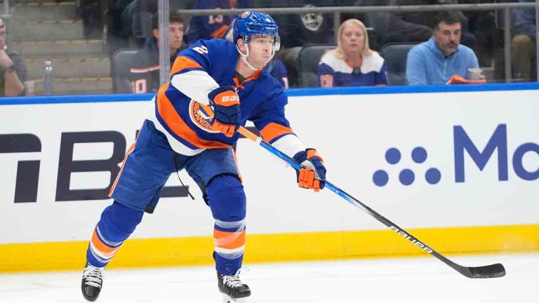 New York Islanders' Mike Reilly (2) during the first period of Game 3 of an NHL hockey Stanley Cup first-round playoff series against the Carolina Hurricanes Thursday, April 25, 2024, in Elmont, N.Y. (Frank Franklin II/AP)