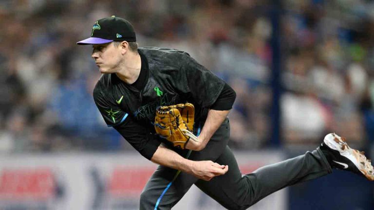 Tampa Bay Rays pitcher Phil Maton throws from the mound during the sixth inning of a baseball game against the Kansas City Royals, Saturday, May 25, 2024, in St. Petersburg, Fla. (Phelan M. Ebenhack/AP)