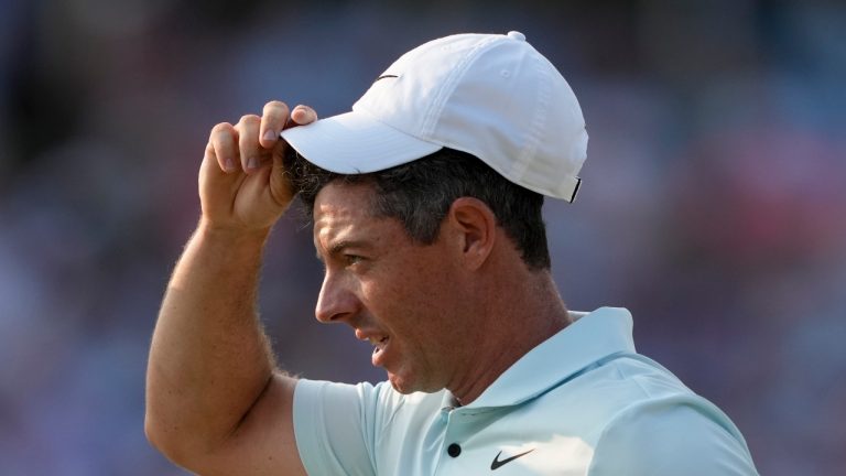Rory McIlroy, of Northern Ireland, reacts after missing a putt on the 18th hole during the final round of the U.S. Open golf tournament Sunday, June 16, 2024, in Pinehurst, N.C. (Matt York/AP)