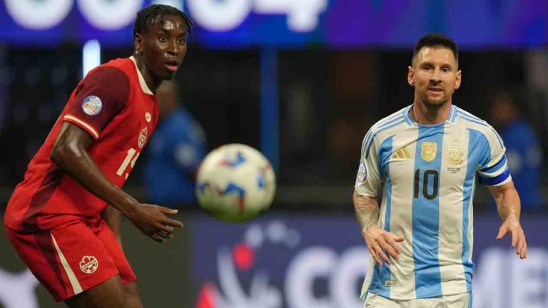 Argentina's Lionel Messi, right, and Canada's Moïse Bombito watch the ball during a Copa America Group A soccer match in Atlanta, Thursday, June 20, 2024. (Jason Allen/AP)
