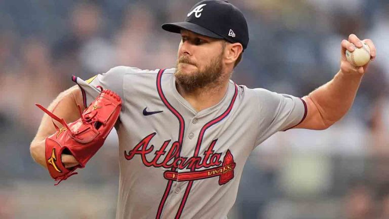 Atlanta Braves' Chris Sale pitches in the first inning of a baseball game against the New York Yankees, Friday, June 21, 2024, in New York. (Frank Franklin II/AP)