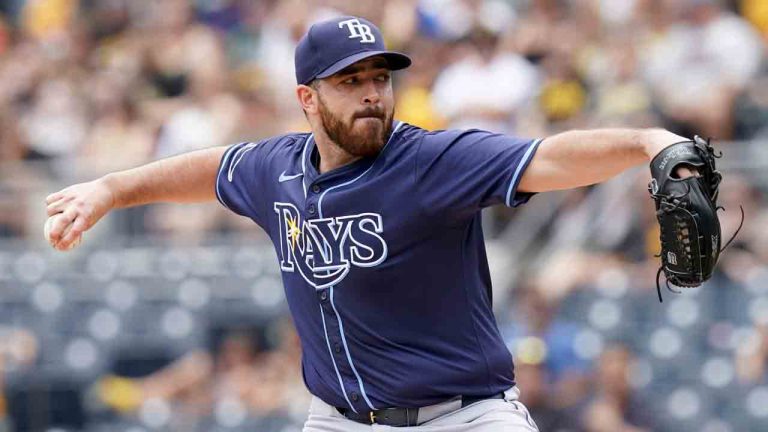 Tampa Bay Rays starting pitcher Aaron Civale delivers during the first inning of a baseball game against the Pittsburgh Pirates Sunday, June 23, 2024, in Pittsburgh. (Matt Freed/AP)