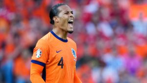 Virgil van Dijk of the Netherlands reacts during a Group D match between Netherlands and Austria at the Euro 2024 soccer tournament in Berlin, Germany, Tuesday, June 25, 2024. (AP Photo/Ebrahim Noroozi)