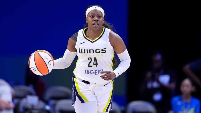 Dallas Wings' Arike Ogunbowale handles the ball during a WNBA basketball game against the Minnesota Lynx in Arlington, Texas, Thursday, June 27, 2024. (Tony Gutierrez/AP)