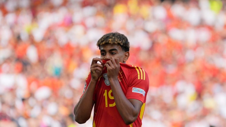 Spain's Lamine Yamal reacts after his goal attempt during a quarter final match between Germany and Spain at the Euro 2024 soccer tournament in Stuttgart, Germany, Friday, July 5, 2024. (Ariel Schalit/AP)
