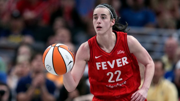 Indiana Fever's Caitlin Clark dribbles during the second half of a WNBA basketball game against the New York Liberty, Saturday, July 6, 2024, in Indianapolis. (Darron Cummings/AP) 