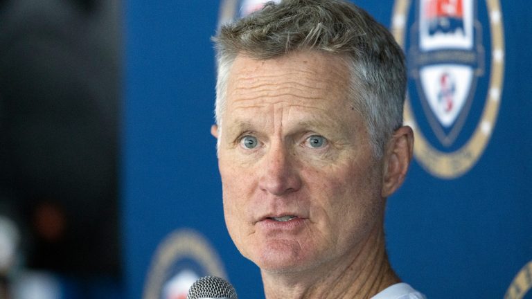 United States men's Olympic basketball coach Steve Kerr responds to a question from a reporter during training camp for the team Saturday, July 6, 2024, in Las Vegas. (Steve Marcus/AP)