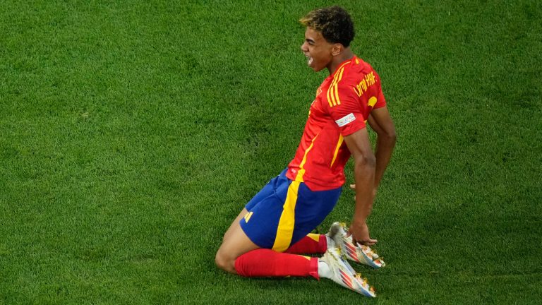 Spain's Lamine Yamal celebrates scoring his side's first goal during a semifinal match between Spain and France at the Euro 2024 soccer tournament in Munich, Germany, Tuesday, July 9, 2024. (Ebrahim Noroozi/AP) 