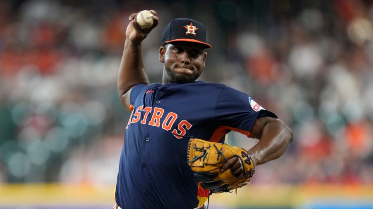 Houston Astros starting pitcher Ronel Blanco delivers against the Texas Rangers during the first inning of a baseball game Sunday, July 14, 2024, in Houston. (AP Photo/Eric Christian Smith)
