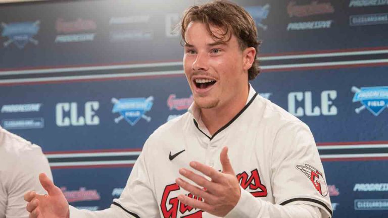 Cleveland Guardians first-round draft pick Travis Bazzana, of Australia, speaks at a news conference before a baseball game against the San Diego Padres in Cleveland, Friday, July 19, 2024. (Phil Long/AP)