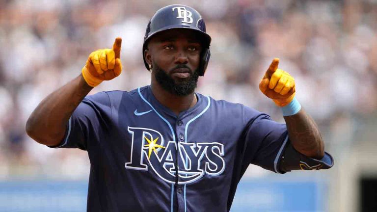 Tampa Bay Rays' Randy Arozarena celebrates after hitting a home run during the fifth inning of a baseball game against the New York Yankees, Saturday, July 20, 2024, in New York. (Pamela Smith/AP)