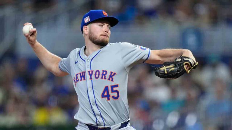 New York Mets' Christian Scott delivers a pitch during the first inning of a baseball game against the Miami Marlins, Sunday, July 21, 2024, in Miami. (Wilfredo Lee/AP)