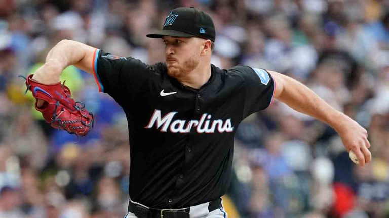 Miami Marlins' Trevor Rogers pitches during the first inning of a baseball game against the Milwaukee Brewers, Friday, July 26, 2024, in Milwaukee. (Aaron Gash/AP)