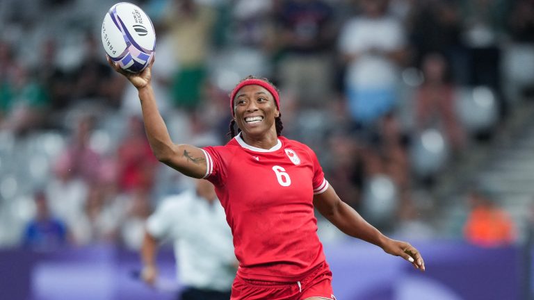 Canada back Charity Williams (6) reacts as she scores a Try against New Zealand during first half women's rugby 7s action at the 2024 Summer Olympics in Paris, France on Sunday, July 28, 2024. (Nathan Denette/CP)